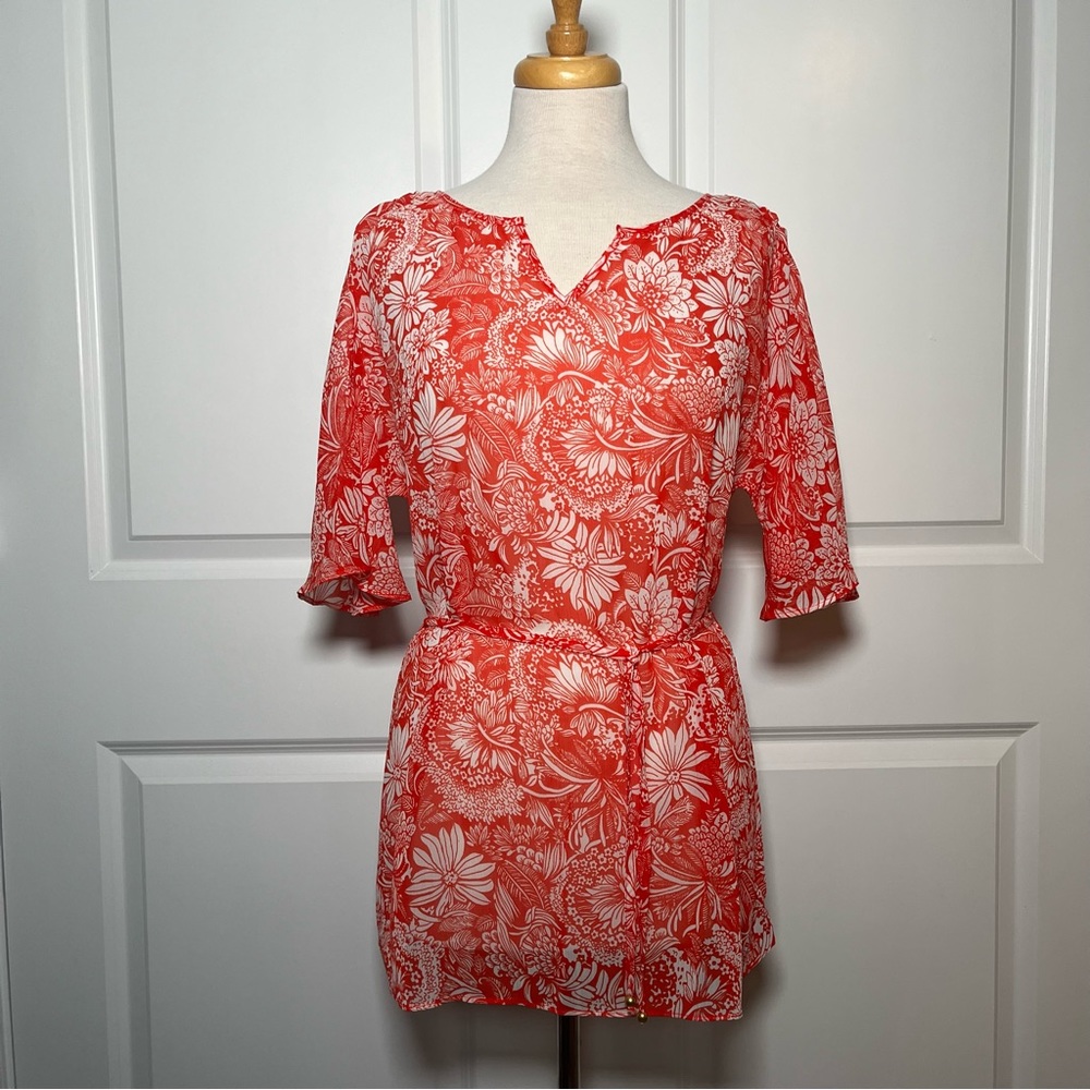Isaac Mizrahi Red Floral Tunic Top